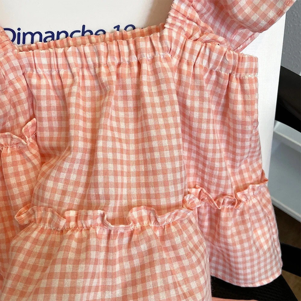 Summer Kids Clothes Green Plaid Fly Sleeved Topsolid Color Casual Pants 2-piece Set Girl Clothes Vest Set Kids Clothes Girls 250326