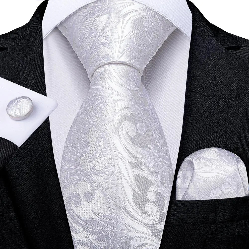 White Silver Mens Tie Hanki Cufflinks Set Mens Wedding Party Business Mens Tie Fashion Hi Tie 250322