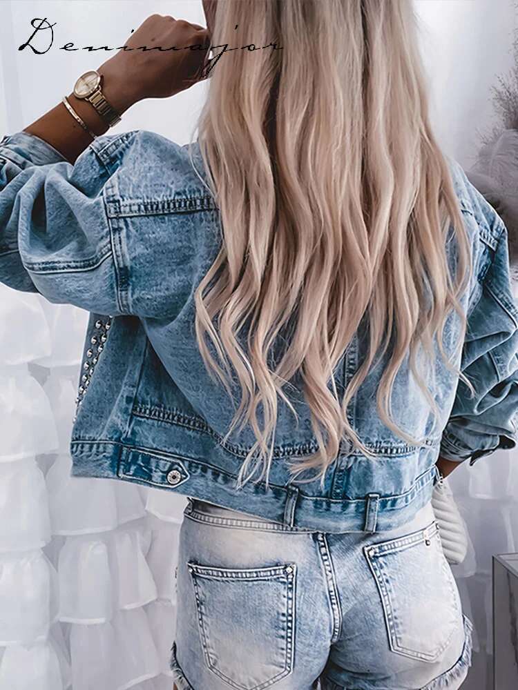 High Street Rivet Denim Women Jacket Turn-Down Collar Single Breasted Female Coats Spring Summer New Chic Y2k Lady Jackets