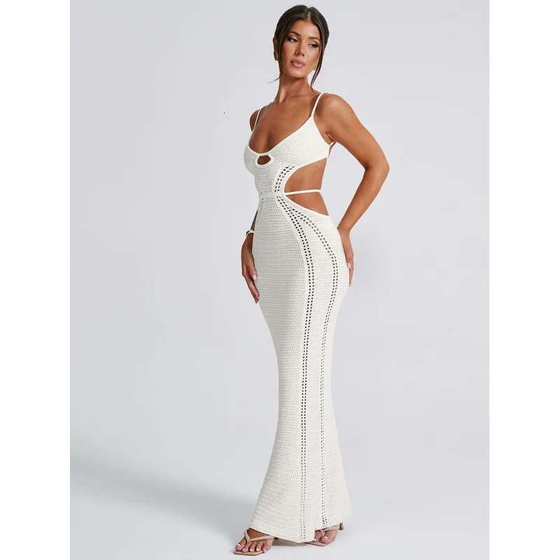 Dongdumaoyi Best Verkochte Nieuwe Gebreide Sexy Uitgeholde Rugloze Patchwork Tie Back Lange Slim Fit Jurk Met Bandjes C