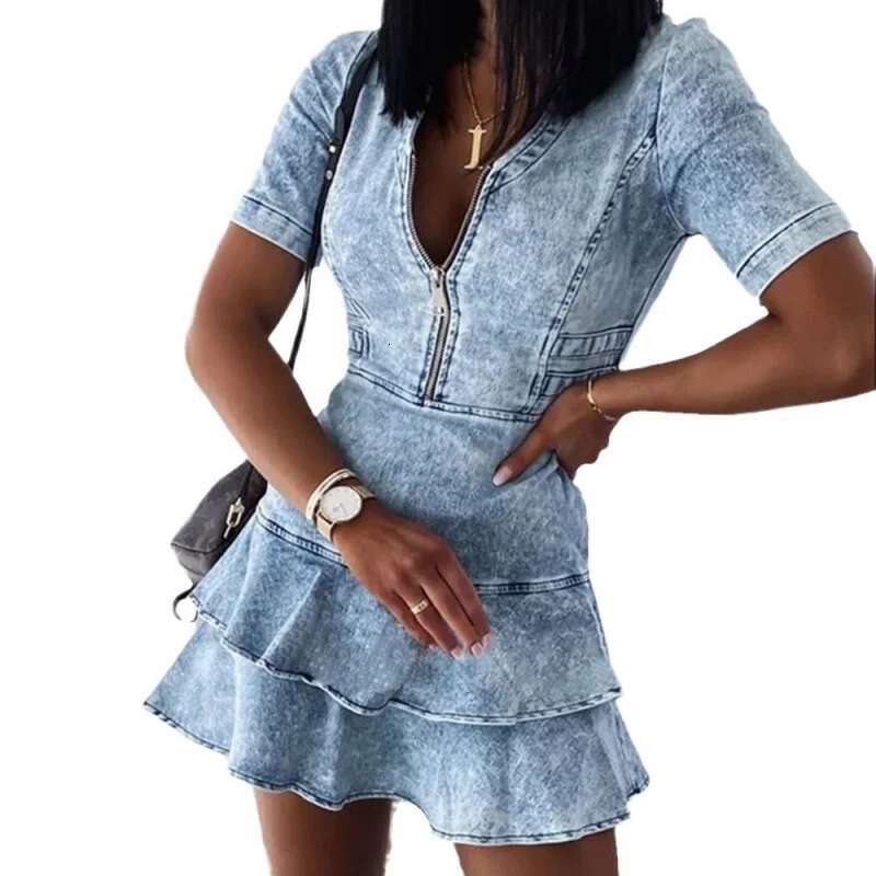 Dongdumaoyi Mode Ultrakorte Casual Denim Damesjurk Met Korte Mouwen En V Hals Sexy Stijlvol Comfortabel