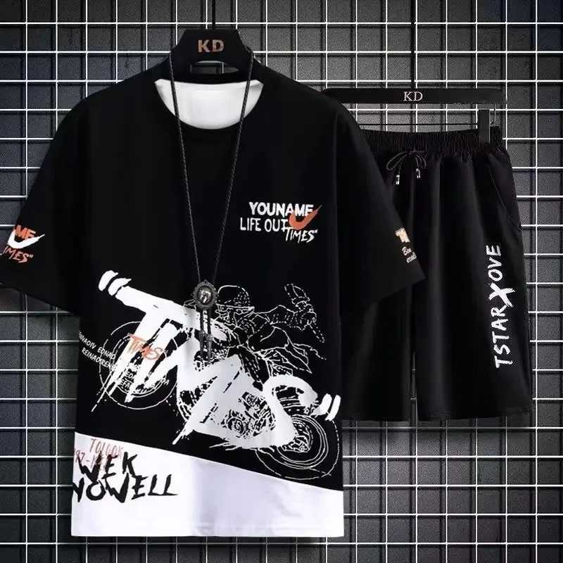 Mens set 2024 summer fashion quick drying T-shirt casual ice silk shorts set mens sports two-piece set basketball setXJ250326