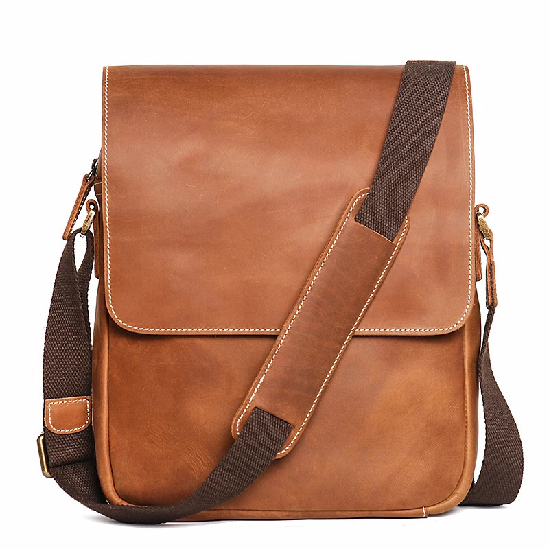 Mens flip magnetic buckle shoulder bag crazy horse leather casual cross body top layer denim iPad 250326