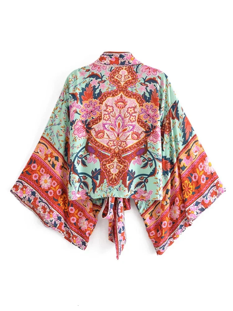 Bohemian retro printed beach summer short kimono womens fashionable casual Vneck batwing sleeves top 250326