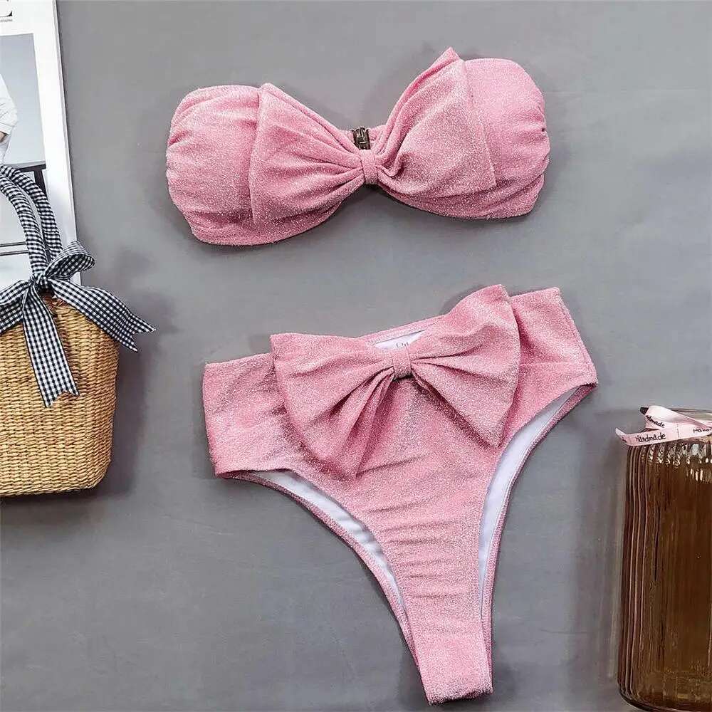 Bandeau 2025 Bow High Waist Female Swimsuit Women Swimwear Two-piece Bikini set Strapless Bather Bathing Suit Swim Lady