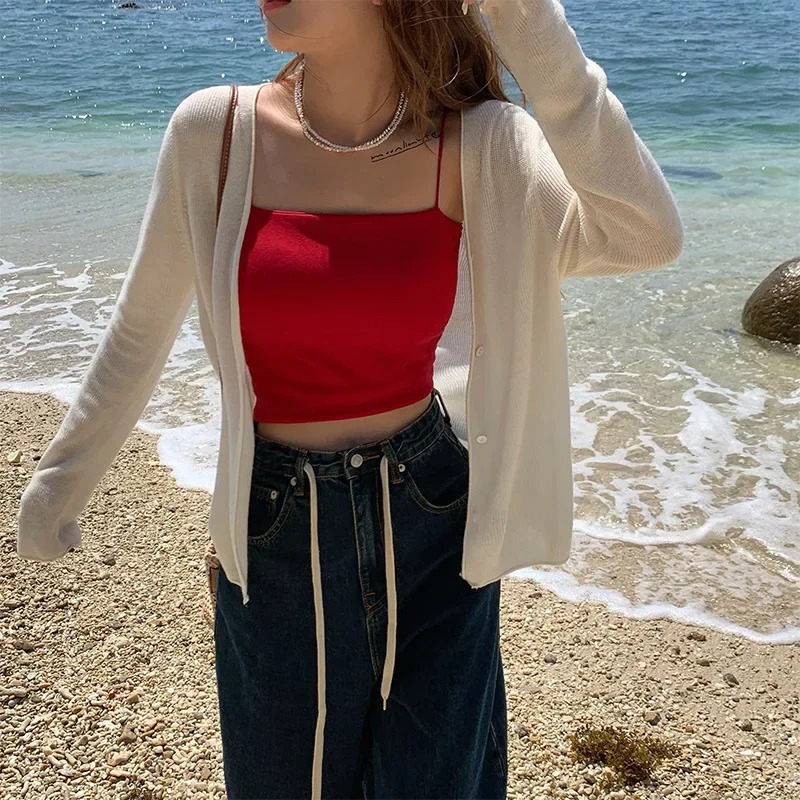 Mint green silk thin womens cardigan wool sweater summer coat air conditioning cover blue top lightweight jacket short 250326