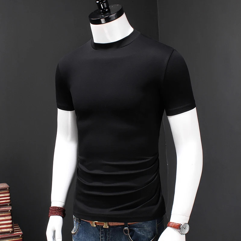 Summer mens turtle neck short sleeved Tshirt dual commodity cotton ultrathin fit fashionable pure black 250327