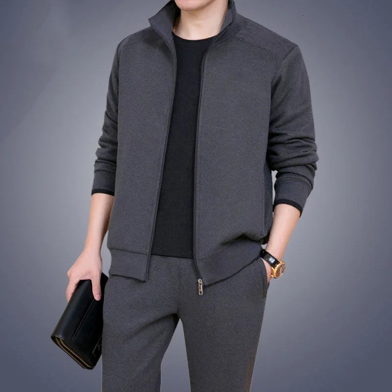 Two piece set for middleaged and elderly men casual wear sportswear long sleeved mens version solid color cardigan wool sweater 250326