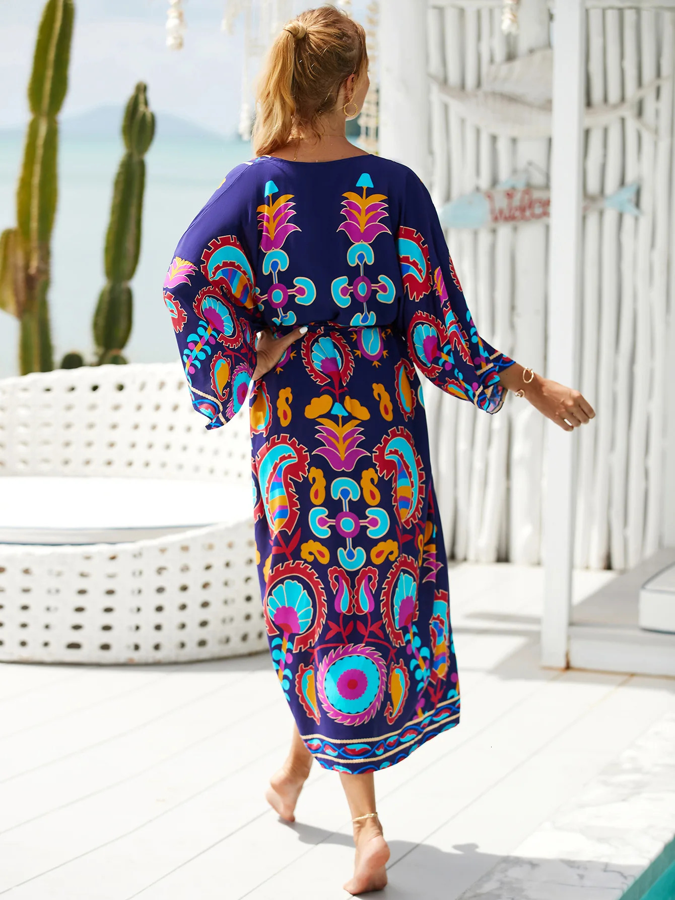 Kimono Swimsuit Summer Vacation Set Womens Beach Robe Long Pool Cover Colorful Dress 250326