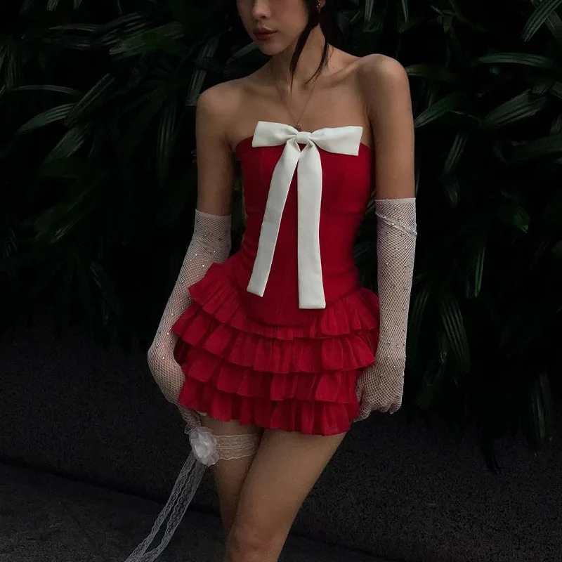 Cryptographic Elegant Bow Detail Sexy Strapless Two Piece Womens Club Set Ruffle Red Top and Skill Matching 250326