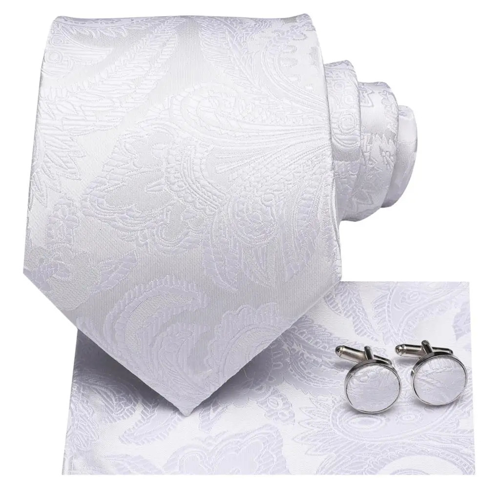 White Silver Mens Tie Hanki Cufflinks Set Mens Wedding Party Business Mens Tie Fashion Hi Tie 250322