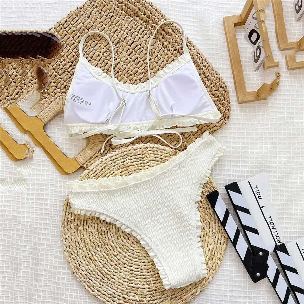 Ruffled Edge Sexy White High Waisted Bikinis Sets Swimsuit 2025 Wrinkled Swimwear Women Bathing Suit String Bandeau Bikini Mujer