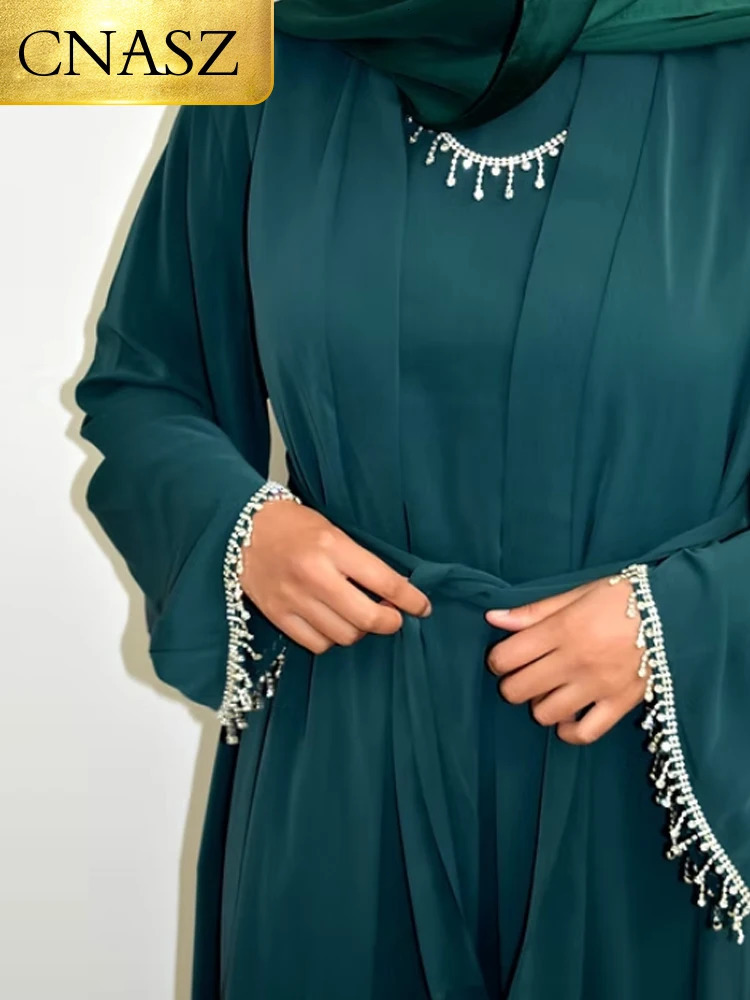 Muslim Elegant Abaya Cuff Beaded Islamic Black Dress Dubai Long Womens Evening Kaftan Morocco Wedding Ramadan 250326