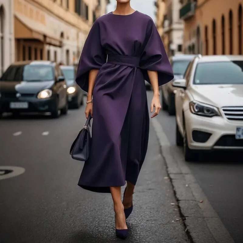 Dongdumaoyi Modieuze En Elegante Effen Kleur Taille Kalkende Jurk Met Casual Vleermuismouwen Lange Damesjurk