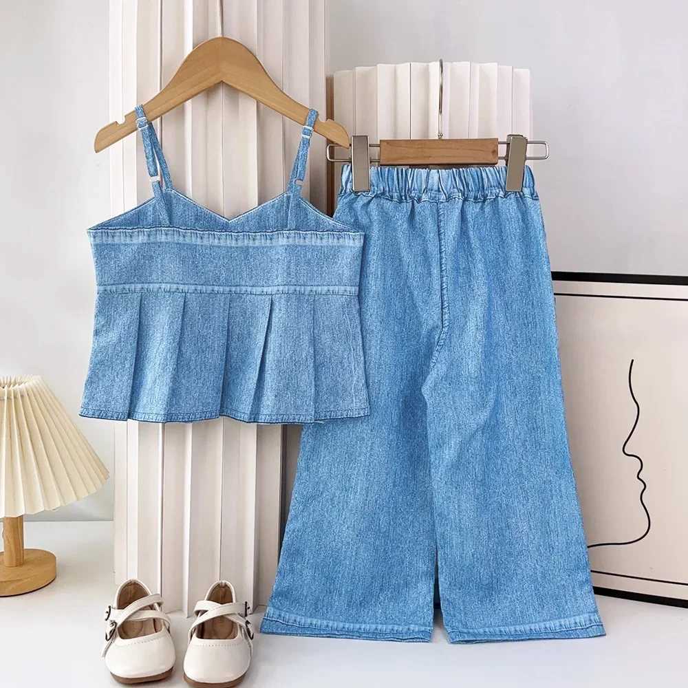 Bear collar summer girls clothing blue imitation denim sleeveless vest+pants 2-piece set solid color casual childrens clothingT250327