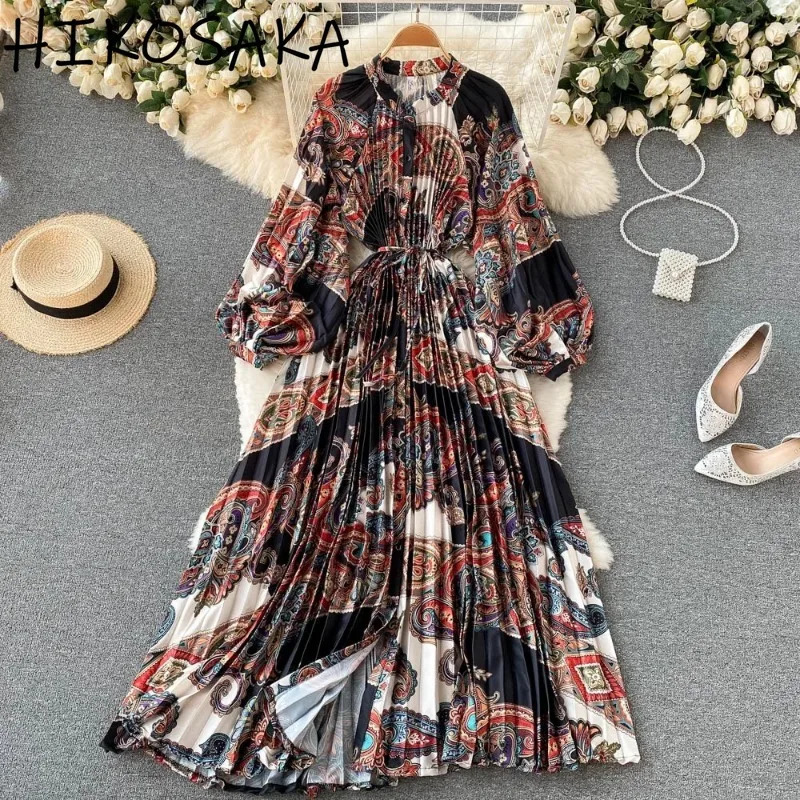 Stand Collar Lantern Sleeve Vintage Print Dress Belt Slim Waist Pleated Single Breasted A-line Robe French Style Elegant Vestido 250326