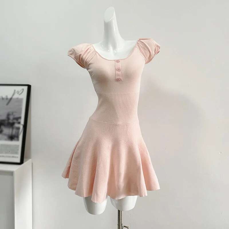 Women's Sweet Style Short Ballet Knitted Slimming Dress Bubble Sleeves Solid Colour Versatile Casual Summer