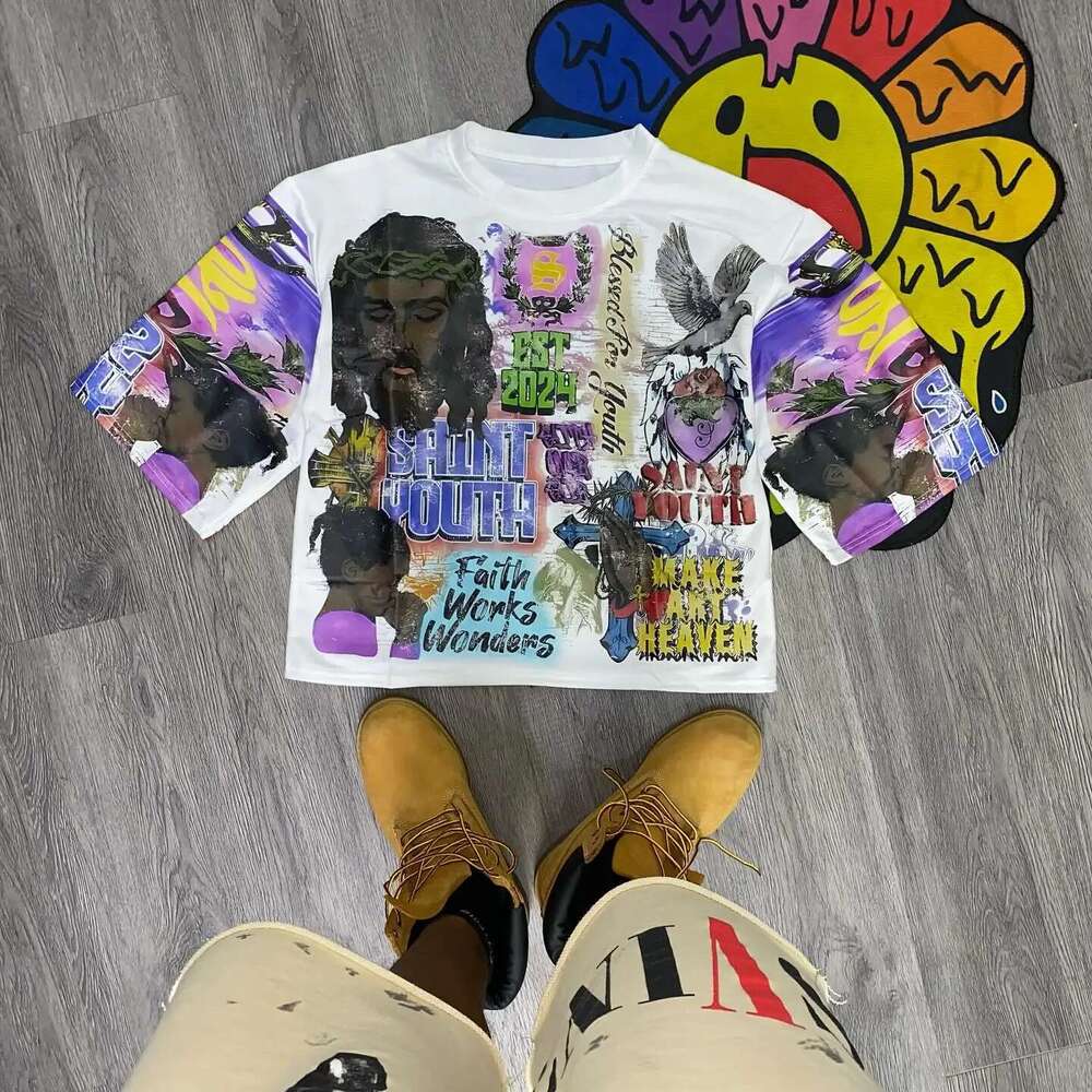 Harajuku Retro Summer T shirt Men s and Women Hip Hop Punk Graffiti Pattern Oversized Mid Sleeve Round Neck Cotton Top