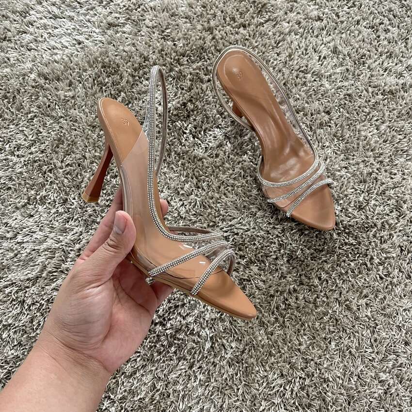 2023 Women Summer Rhie Sgback Pumps Office Lady Transparent Heeled Sandals Elegant Pointed Toe y High Heels