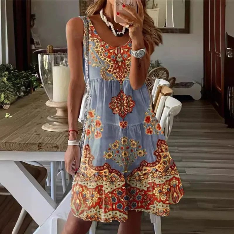 2024 Summer Fashion Printed Sleeveless Vneck Tank Top Womens Holiday Dress 250318