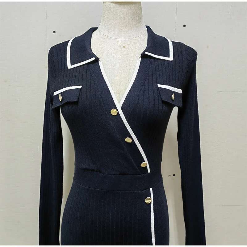 Women's Coat Knitted Women Maxi Dresses Turn-Down Collar Fake Buttons Long Sleeve Slim Dress Front Split Autumn New Fashion Lady Robes