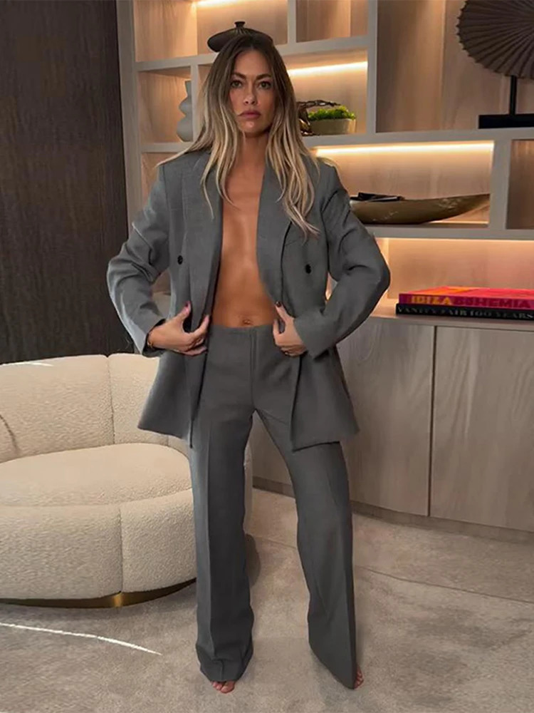 Womens Office Set Elegant Collar Button Full Sleeve Jacket Loose Waist Long Trouser Fashion Street Clothing 250326