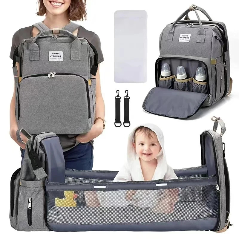 Foldable bed diaper bag with changing station insulated pocket and large capacity Multifunctional Double shoulder mommy bag 250326