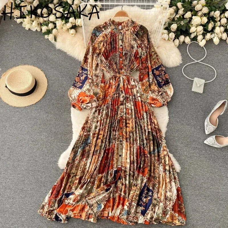 Stand Collar Lantern Sleeve Vintage Print Dress Belt Slim Waist Pleated Single Breasted A-line Robe French Style Elegant Vestido 250326