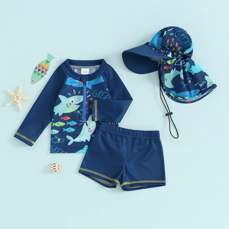 3Pcs Toddler Boys Rash Guard Swimsuits Cute Fish Print Long Sleeve Zip Up Bathing Suit Swimwear Beachwear Summer Clothes 250326