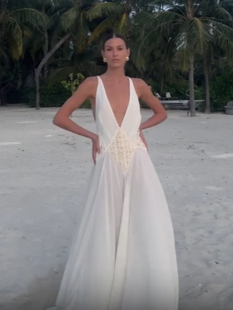 Elegant white Vneck pleated sleeveless long dress for womens fashion off shoulder holiday backless beach 2025 party vest 250324