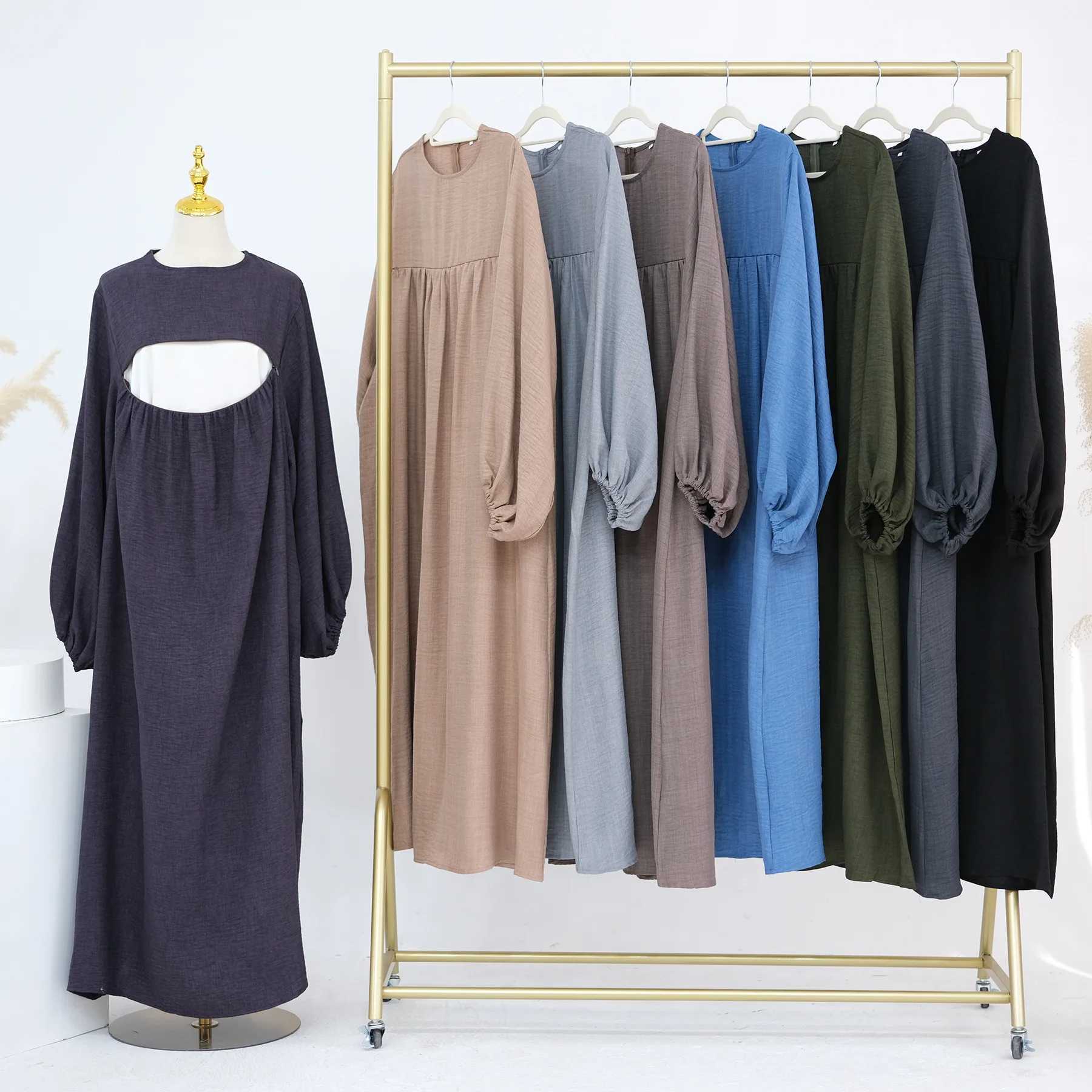 Breastfding Abaya Front Side Hidden Zipper Nida Loose Long Dress for Pregnant Nursing Women Muslim Abayas Dubai Turkey Kaftan X2505141