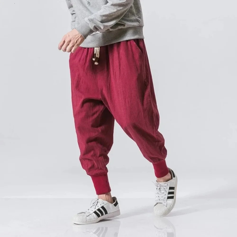 Mens harem pants streetwear cotton linen runners pocket hiphop fashion casual solid Trousers mens sports 250327