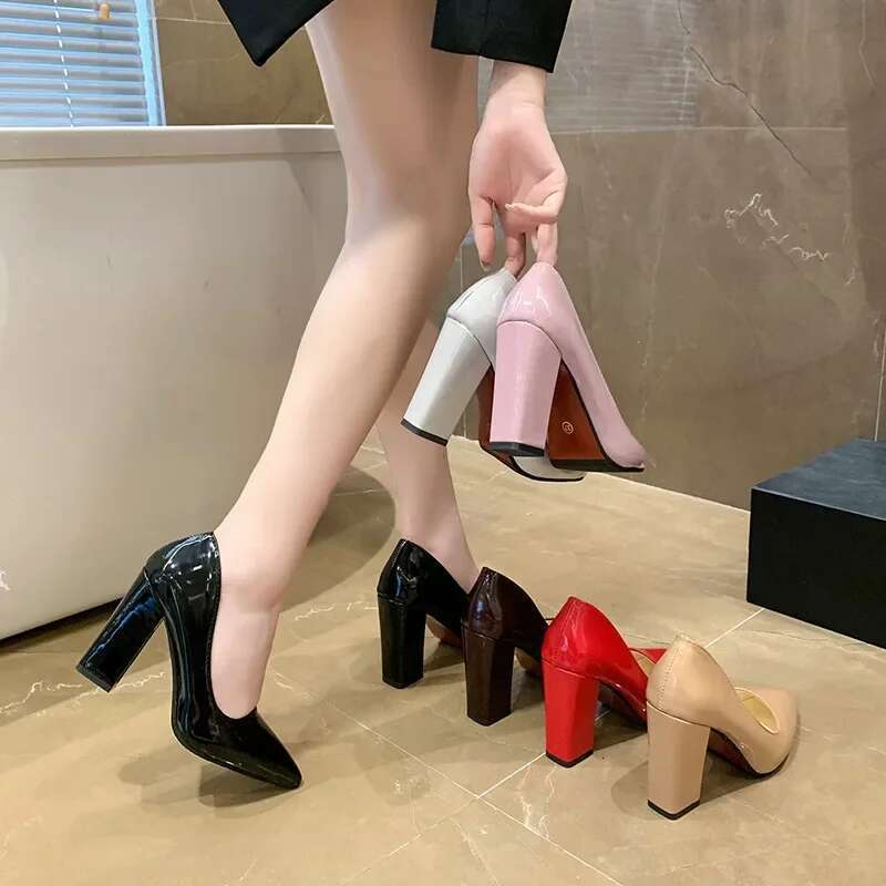 Square Heels Pumps Women Shoes Patent Leather Sexy Wedding Party Official Leisure Super Big Szie