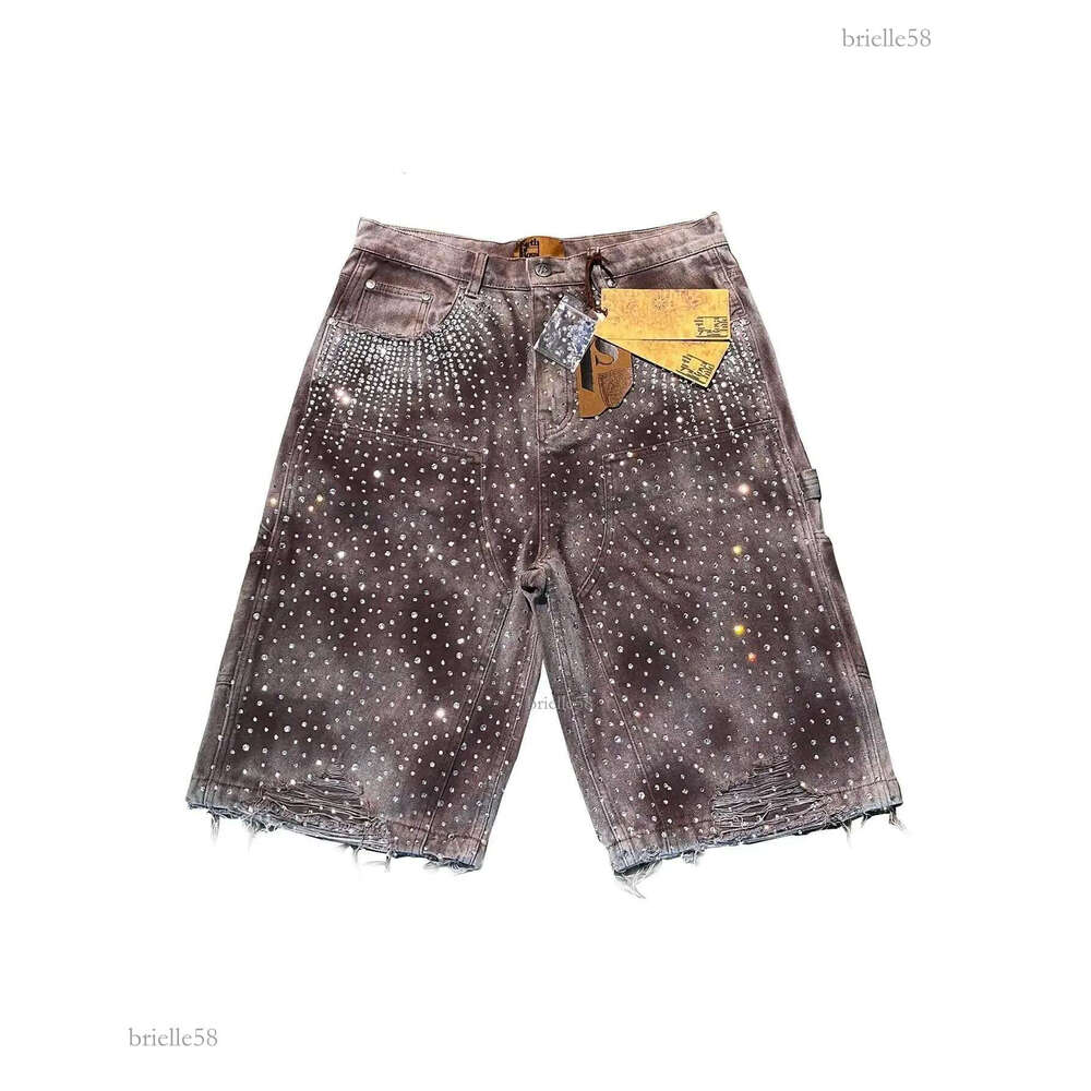 Y2k Retro Washed Brown Gothic Denim Shorts Fashion Klein Diamond All Embroidery Men Women Clothing Jorts Baggy Streetwear Shorts