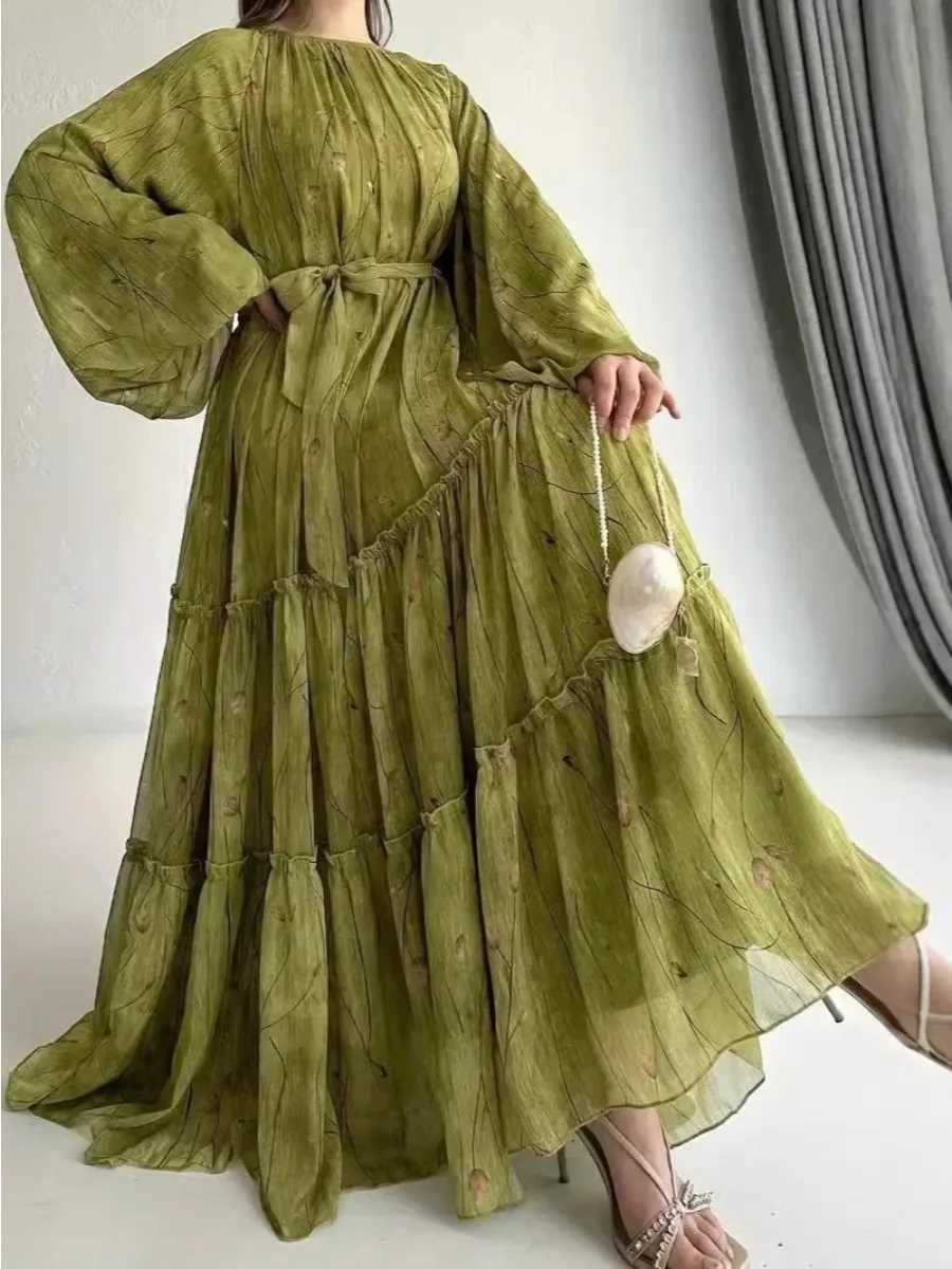 Eid Muslim Abaya Dress for Women Print Chiffon Sashes Jalabiya Kaftan Islam Vestidos Largo Arab Long Robe Ramadan Morocco Abayas X2505141