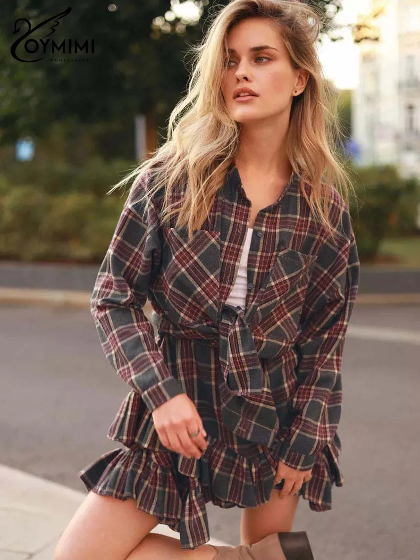 Oymimi elegant red printed womens twopiece fashionable long sleeved pocket button up shirt and mid waist pleated mini skirt set 250326