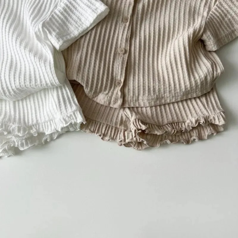 INS Korean Style Summer Thin Solid Color Girls Short Sleeve Ruffle Shirt Shorts Set for Toddler Baby Casual Two-Piece Outfits 250326