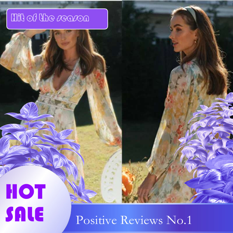Dongdumaoyi Damesmode Bedrukte V Hals Pofmouwen Kanten Patchwork Maxi Damesjurk