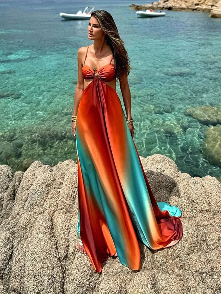 Sexy summer holiday print strapless hollow dress fashion comparison colorful backless robe 2025 beach party vest 250324