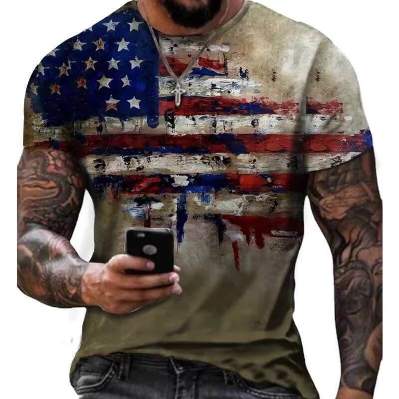 Men s American Flag Pattern T shirt D Printed Color Blocks Neutral Summer Loose Top Round Neck Short Sleeve