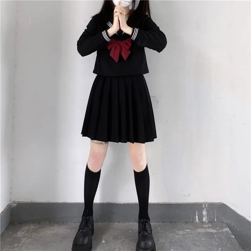 Japanese School Uniform Girl Jk Set Red Tie Black Extra Large Patch Work Basic Sailor Womens Long Sleeve 250326
