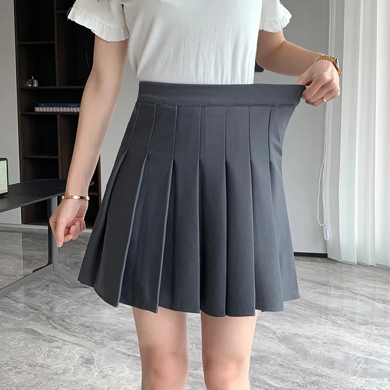 Rimocy Korean Elastic High Waist Folded Leather Womens Black Grey Short Line ALine Summer Jk Uniform Mini Skirt 250326