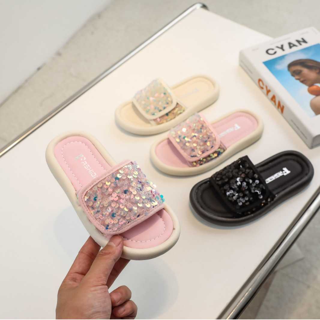Slipper Large size girls sandals childrens sequins one line drag summer new style little girls beach shoes S25326
