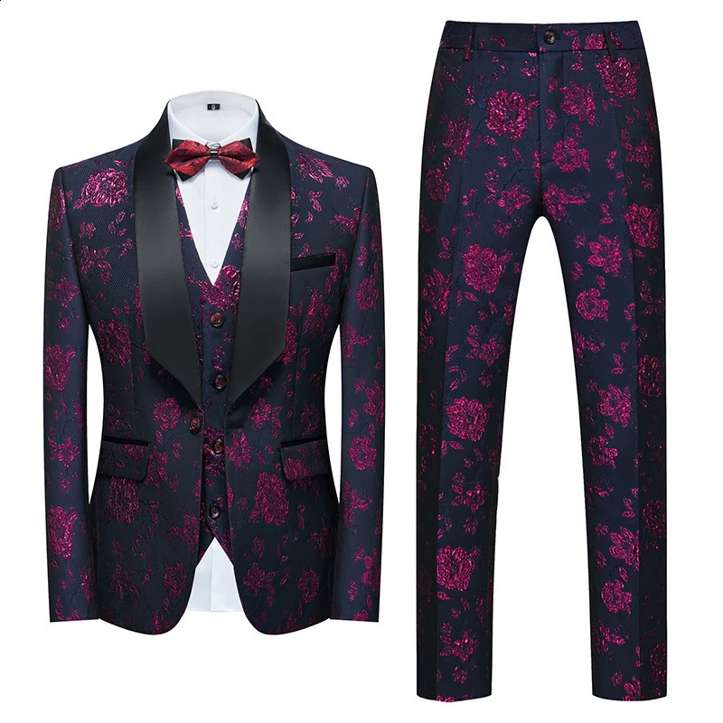 3 pieces of blue jacquard fabric set mens fashionable slim fit jacket Trouser vest Spring and Autumn Asian size 250326
