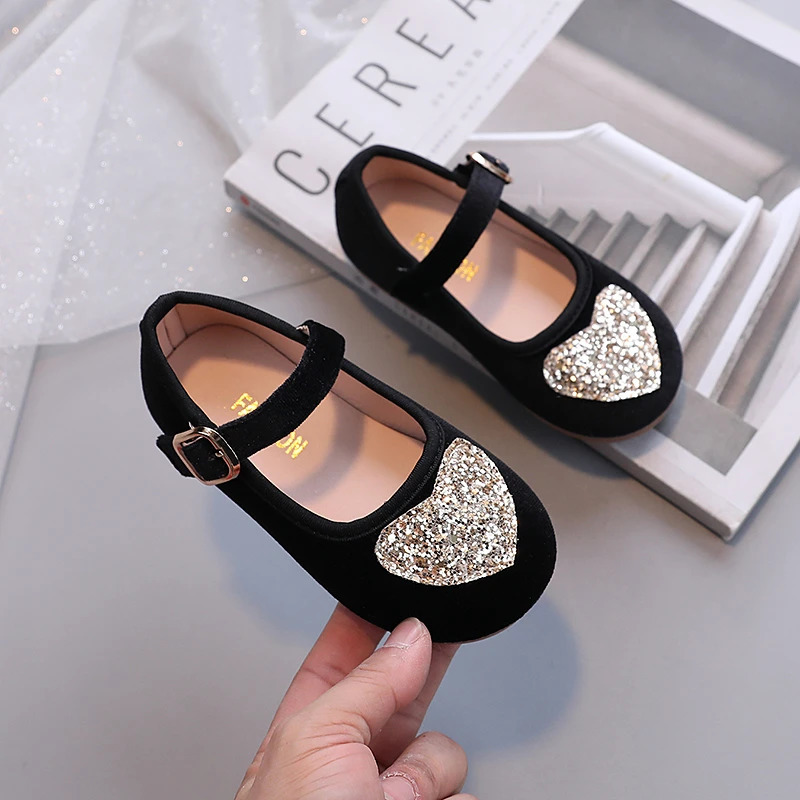 Girls Mary Janes Love Heart Three Colors Velvet Kids Flat Shoes Rouns Toe Beautiful Flexiable Children Princess Shoe 23-33 250326