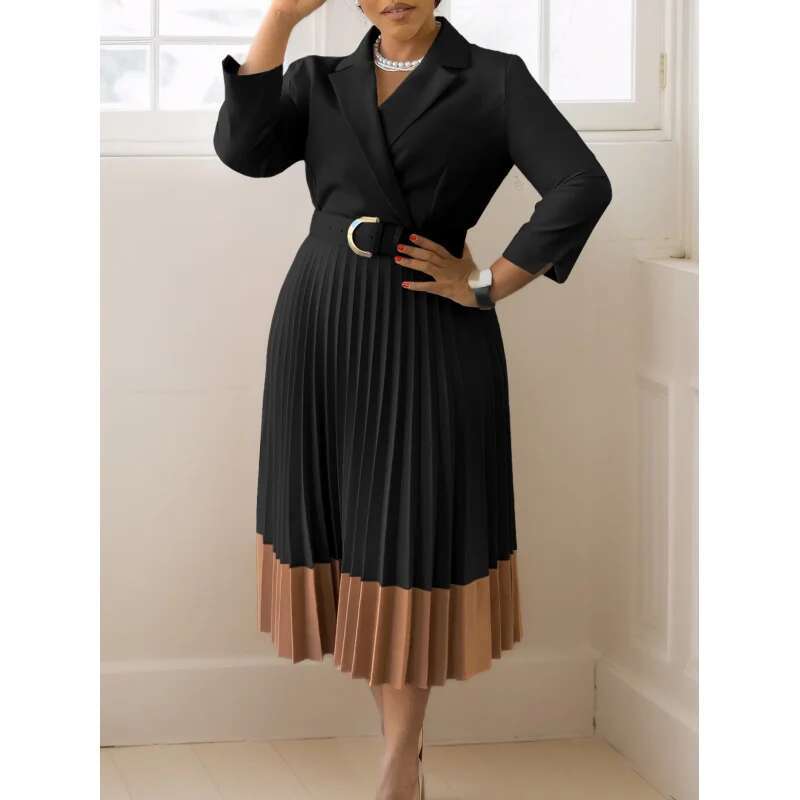 Dongdumaoyi Herfst Winter Mode Dames Blazer Kraag Elegante OL Geplooide Jurk Chique En Verfijnde Kantoorstijl WD