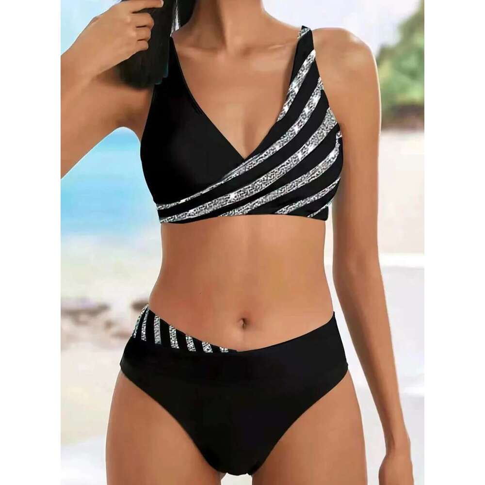 Bikini V Neck Set 2025 Women Stripe Print Patchwork Swimwear Summer Beachwear Swimsuit Female Bathers Bathing Swimming Suit 2XL