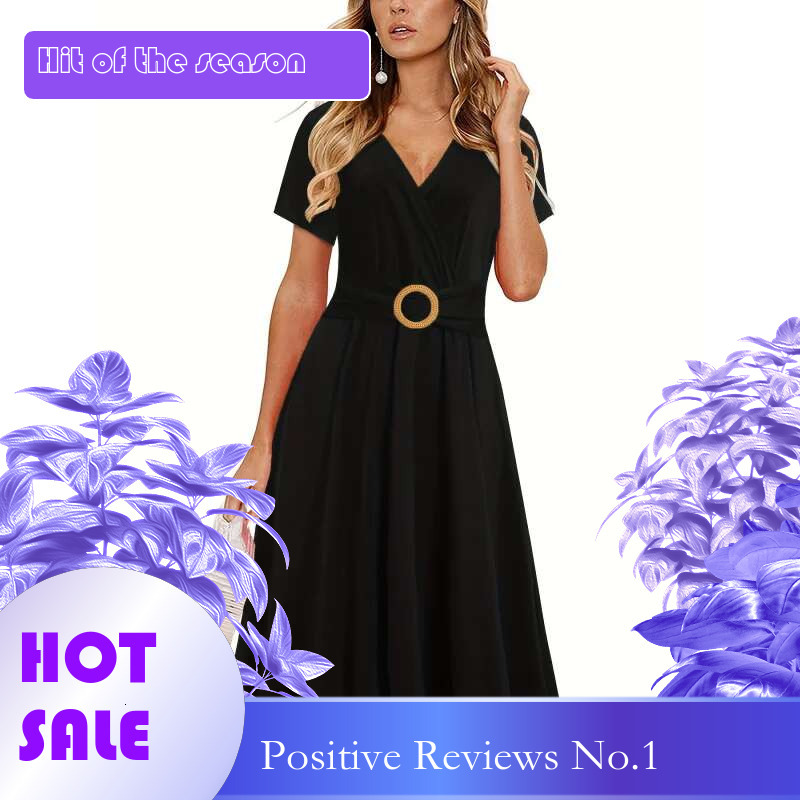 Dongdumaoyi Dames Elegante Normale Pasvorm Met Riem Zomer Casual Werk Kerk Theejurk Zakken Polyester Elastaan WD