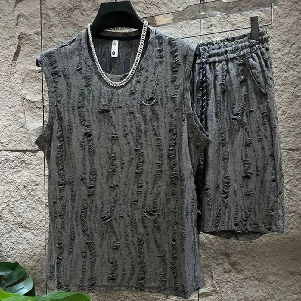 Mens sleeveless T-shirt set O-neck casual hollow vest top+short hole hollow quick mens breathable vest 2-piece set Set4XLXJ250326