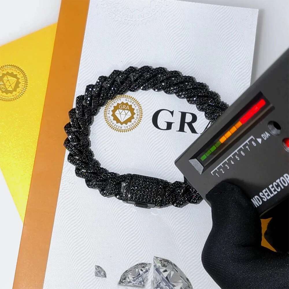 Black Plated 925 Silver VVS Black Moissanite Pass Diamond Tester Cuban Chain Hip Hop 10/12mm 2 rows Rhomboid Necklace
